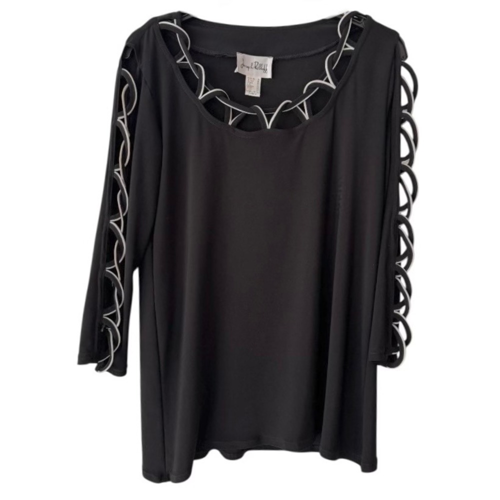 🌴‎ Joseph Ribkoff Black Lattice Cutout White Trim Sleeve Tunic Top Trim Size 8